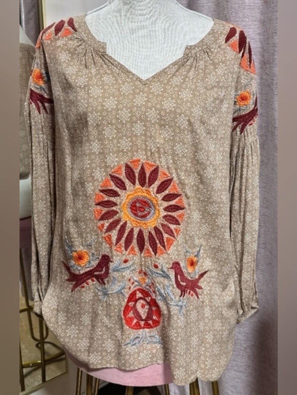 ✨️Ivy Jane-Embroidered Boho V-Neck Women's Top - Brown/Rust/Cream/Blue. Sz:M